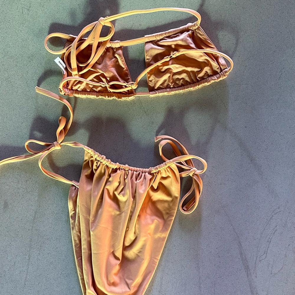 WeWoreWhat Gold Orange Ruched String Bikini Set - Picture 6 of 11